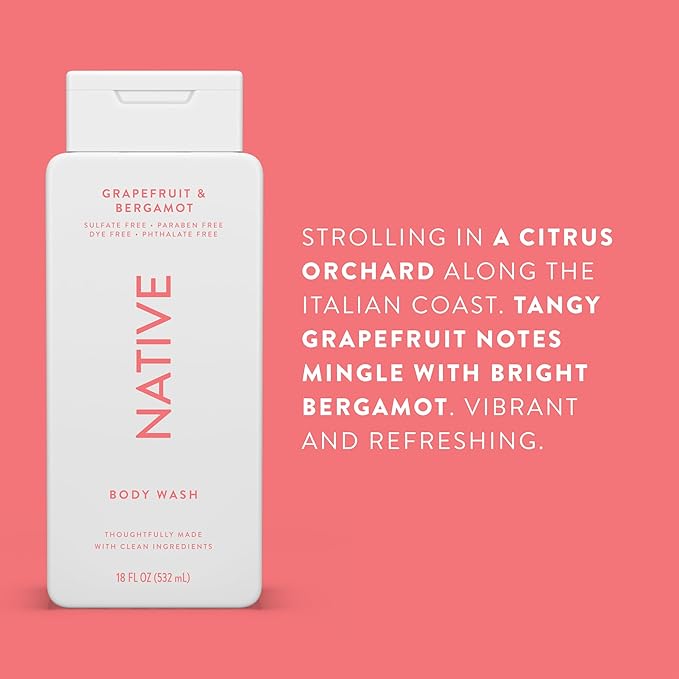 Native Body Wash Contains Naturally Derived Ingredients | For Women & Men, Sulfate, Paraben, & Dye Free Leaving Skin Soft and Hydrating | Grapefruit & Bergamot 18 oz - 2 Pk