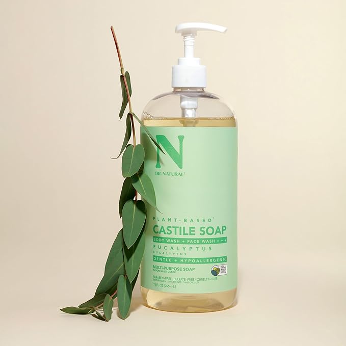 Dr. Natural Castile Liquid Soap - Multi-Use Body Wash, Shampoo and Face Wash - Hydrating Body Soap for Skin, Hair, Pets and Home - Eucalyptus - 32 oz