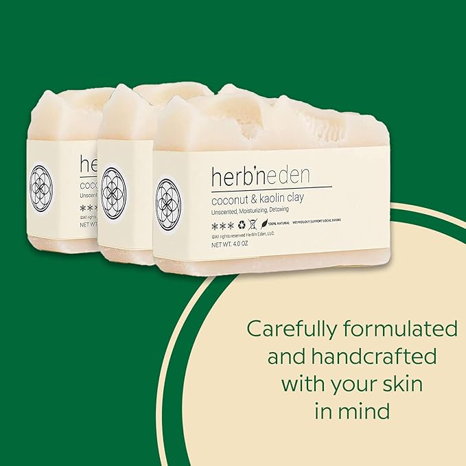 Herb’N Eden - Coconut Kaolin Clay Bar Soap - Moisturizing Face & Body Soap - For Sensitive, Oil & Normal Skin - Natural Plant-Based Ingredients & Essential Oils - Cruelty-Free -Handmade in USA -3 Pack