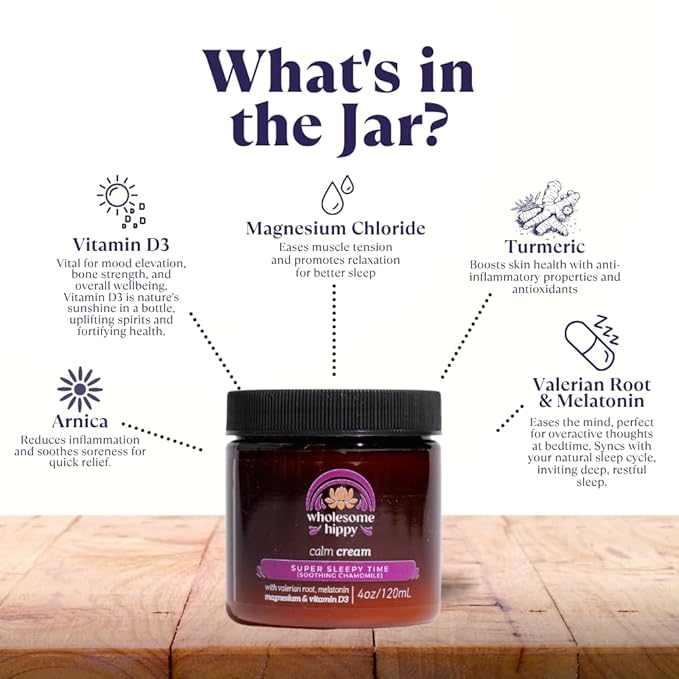 WHOLESOME HIPPY Super Sleepytime Calm Cream – Nighttime Body Butter with Magnesium, Melatonin, Valerian & Chamomile – Soothing Vegan Moisturizer for Bedtime Routine – 4oz