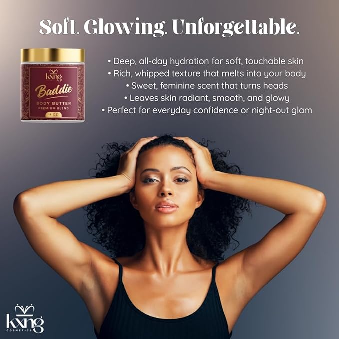 KXNG Cosmetics, Body Butter, Organic Skin Care for Men and Women, Body Moisturizer Lotions and Creams, Raw Shea Butter, Cocoa Butter, Mango, Coconut Oil, Hand, Foot, All Skin Types (Baddie)