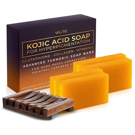 Valitic Kojic Acid Dark Spot Remover Soap Bar with Vitamin C, Retinol, Collagen, Turmeric - Original Japanese Complex - Hyaluronic Acid, Vitamin E, Shea Butter, Castile Oil ( 4 Pack ) With Soap Holder