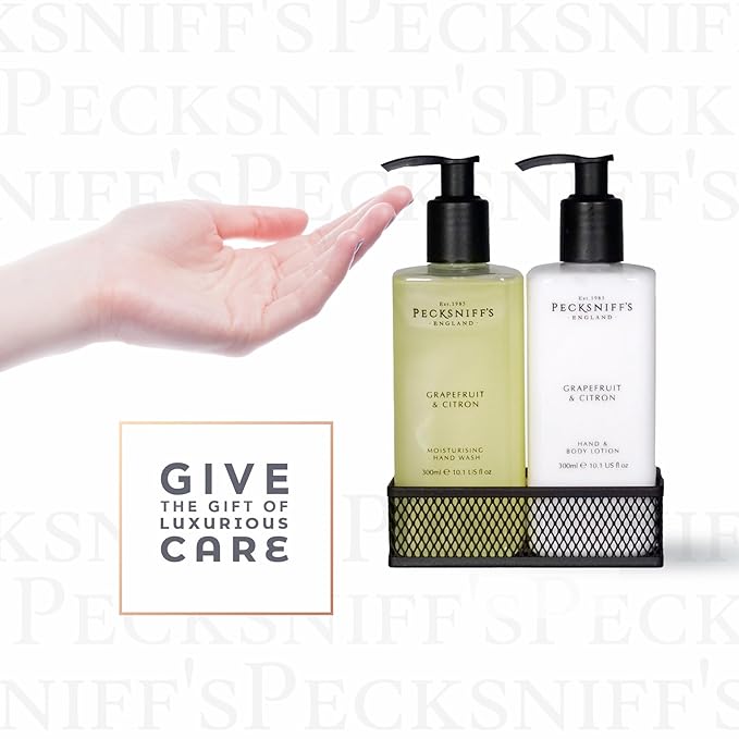 Hand Wash & Body Lotion Caddy Set (Grapefruit & Citron) - 10.1 Fl Oz Each - Gentle Cleanser for Sensitive Skin - Moisturizing & Hydrating Hand Cream - All Natural Cruelty Free Body Wash - Pecksniff’s