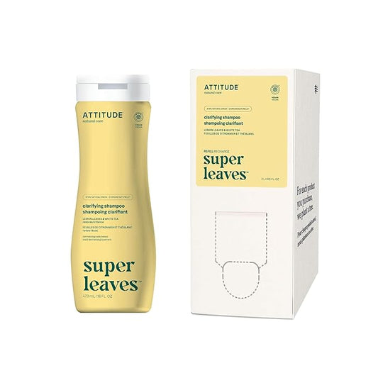 Bundle of ATTITUDE Clarifying Hair Shampoo, EWG Verified, Dermatologically Tested, Plant- and Mineral-Based, Vegan Beauty Products, Lemon Leaves and White Tea, 16 Fl Oz + Bulk Refill, 67.62 Fl Oz