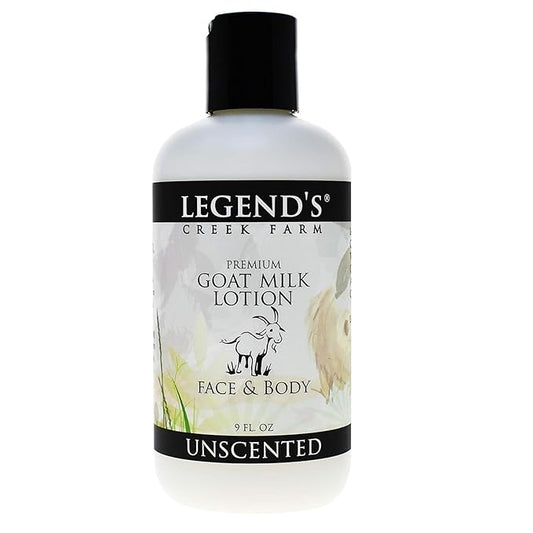 Legend's Creek Farm Goat Milk Lotion - Moisturizing Goat Milk Body Lotion for Body, Hand & Face - 9 oz Body Moisturizer with Shea Butter, Sunflower Oil, Aloe, Handmade in USA (Unscented L.)