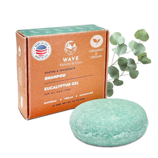 Wave Eucalyptus Oil Shampoo Bar - Moisturizing & Handmade Vegan Bar for Shiny Hair, Natural, Organic & Non-GMO Shampoo for Women & Men, 2.3 oz, Long-Lasting (80-120 Uses)