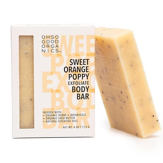 Natural Organic for Face and Body, Exfoliating & Moisturizing Soap Bar with Shea Butter, Coconut Oil and Essential Oils, 4oz Per Bar (Sweet Orange Poppy)