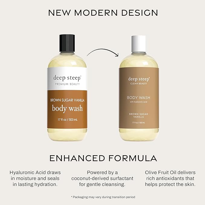 Deep Steep Body Wash, Brown Sugar Vanilla, 17 oz – Hydrating Shower Gel with Hyaluronic Acid, Shea Butter, Aloe Vera & Argan Oil – Vegan, Clean Beauty, Clean & Refreshed Skin