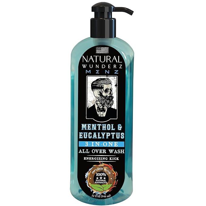 Mens Body Wash with Menthol & Eucalyptus, 32 Fl Oz, All Natural 3-In-1 Body Scrub and Liquid Soap for Gentle Cleansing, Vegan Friendly, Sulfate Free, and Cruelty Free