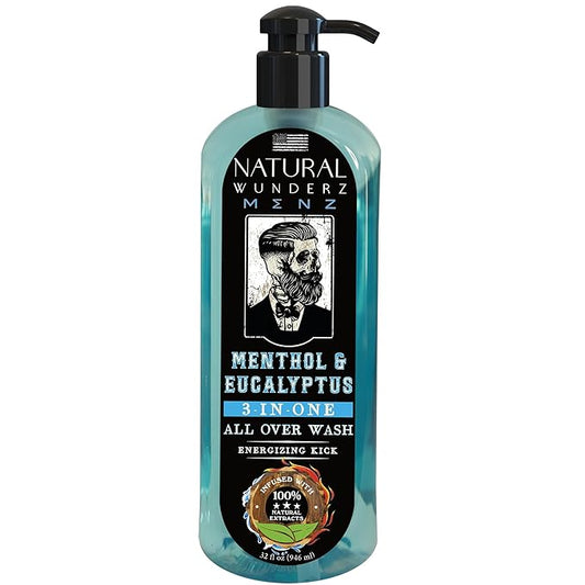 Mens Body Wash with Menthol & Eucalyptus, 32 Fl Oz, All Natural 3-In-1 Body Scrub and Liquid Soap for Gentle Cleansing, Vegan Friendly, Sulfate Free, and Cruelty Free
