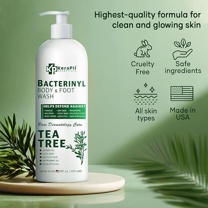 Bacterinyl Tea Tree Oil Body Wash - Antibacterial & Antifungal Support for Ringworm, Body Odors, Athlete’s Foot & Acne, Helps Soothe Itchy, Dry Skin - Made in USA (16 fl oz)