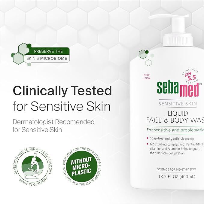 SEBAMED Paraben-Free Liquid Face and Body Wash with Pump pH 5.5 Dermatologist Recommended Mild Hydrating Cleanser for Sensitive Skin 13.5 Fluid Ounces (400 Milliliters)