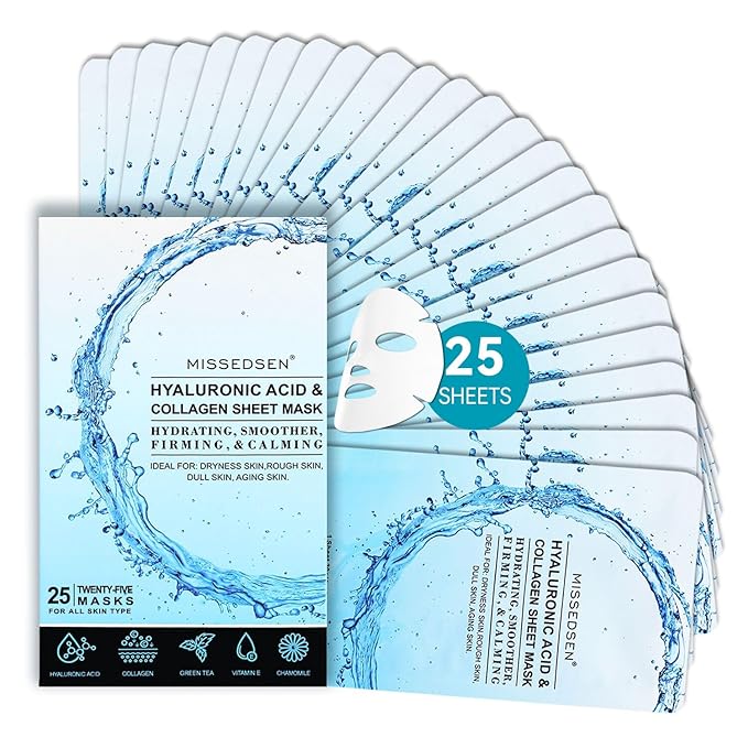 Collagen Face Mask Skincare For Women Hyaluronic Acid Moisturizing Firming Calming Hydrating Pore Treatment Anti-Aging of Different Ages and Skin Types Urban Beauty Secret 25 PCS
