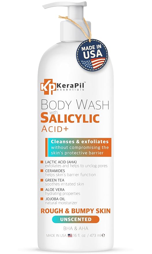 Exfoliating Body Wash With Salicylic Acid - Gentle Exfoliates Rough and Bumpy Skin, KP and Acne, with BHA & AHA - Unscented Body Wash, Made in USA - (16 fl oz)