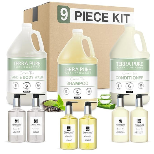 Terra Pure Gallon & Dispenser Set | 1-Shoppe All-In-Kit | Shampoo Conditioner Body Wash Gallon | Refillable 10.14 oz. Matching Pump Bottles