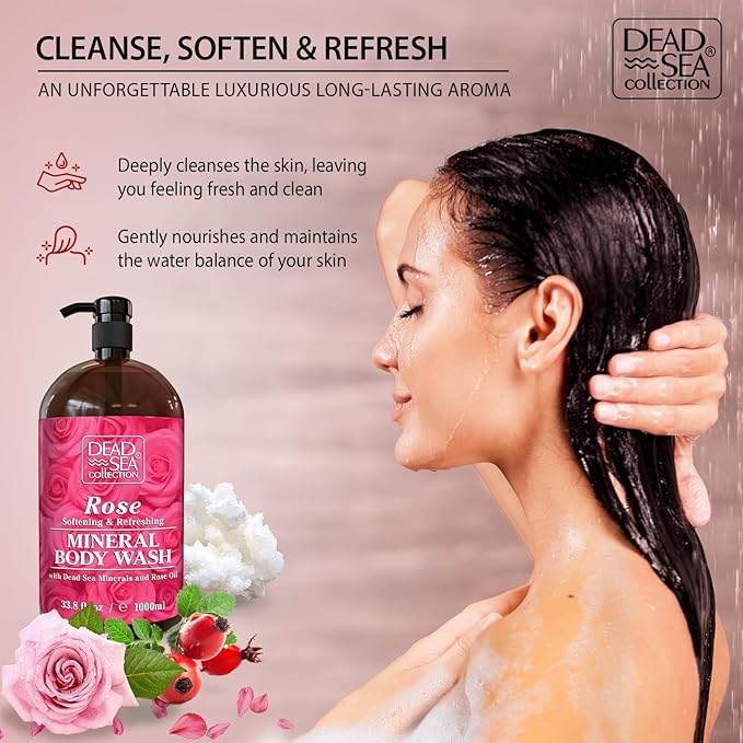 Dead Sea Collection Rose Body Wash for Women and Men - with Pure Dead Sea Minerals and Rose Extract - Cleanses and Moisturizes Skin - Pack of 2 (67.6 fl. oz)