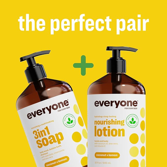 Everyone 2-in-1 Lotion for Hands/Body, 32 ounce (Pack of 2) Coconut and Lemon made with Essential Oils for Men and Women