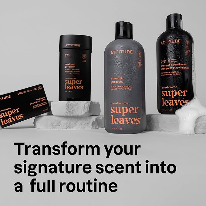 ATTITUDE Shower Gel Body Wash for Men, 98% Natural Origin Ingredients, Paraben & Phthalate Free, EWG Verified, Cleanses Without Drying, Patchouli & Bourbon, 14 Fl Oz (Pack of 3)