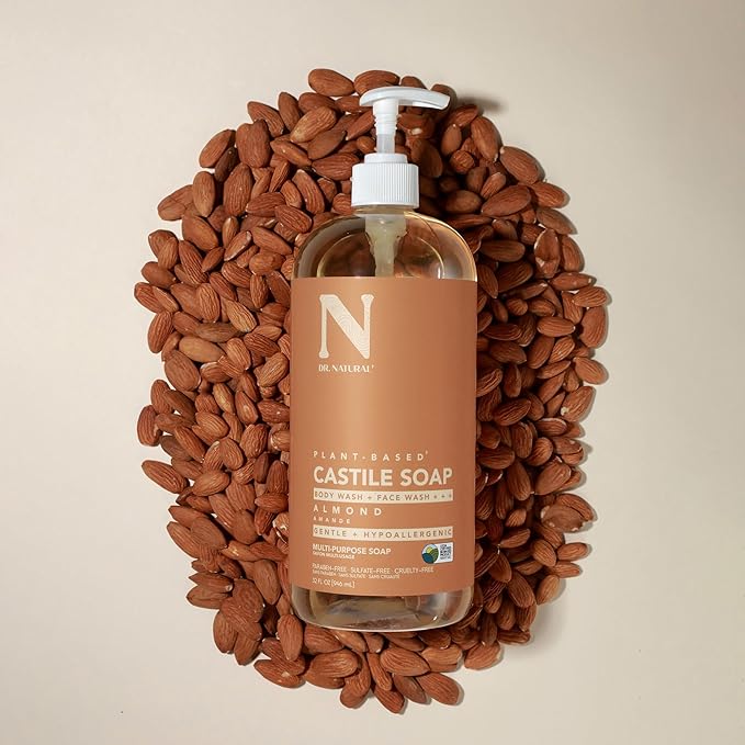 Dr. Natural Castile Liquid Soap - Multi-Use Body Wash, Shampoo and Face Wash - Hydrating Body Soap for Skin, Hair, Pets and Home - Almond - 32 oz.