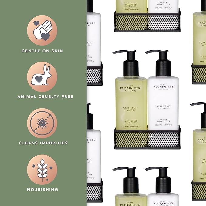 Hand Wash & Body Lotion Caddy Set (Grapefruit & Citron) - 10.1 Fl Oz Each - Gentle Cleanser for Sensitive Skin - Moisturizing & Hydrating Hand Cream - All Natural Cruelty Free Body Wash - Pecksniff’s