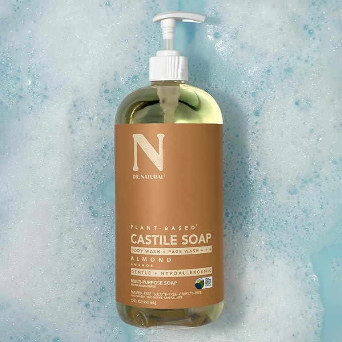 Dr. Natural Castile Liquid Soap - Multi-Use Body Wash, Shampoo and Face Wash - Hydrating Body Soap for Skin, Hair, Pets and Home - Almond - 32 oz.