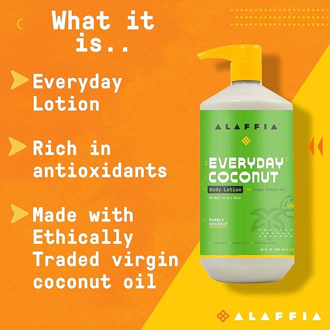 Alaffia Everyday Coconut Hydrating Body Lotion, Normal to Dry Skin, Moisturizing Coconut Oil is Support for Soft & Supple Skin, Purely Coconut, 2 Pack - 32 Fl Oz Ea