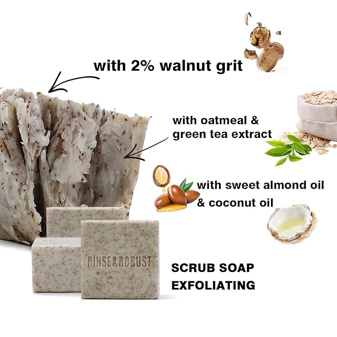 Rinse & Robust Mens Natural Bar Soap 6Pcs Handmade Cleansing Soap Bar Set Moisturizing&Exfoliating Scrub Soap Gifts for Men 6 Different Scents 3.5 oz of 6 Bars