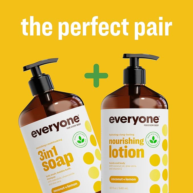 Everyone 2-in-1 Lotion for Hands/Body, 8 ounce (Pack of 2) Coconut and Lemon made with Essential Oils for Men and Women