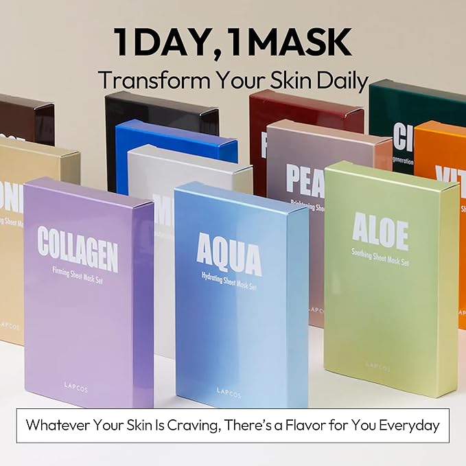 LAPCOS Super Collagen Sheet Mask – Hydrating Face Masks w/Peptide Complex, Vegan Collagen, Niacinamide & Hyaluronic Acid – Revitalizing & Firming Korean Skincare Paraben-Free, Cruelty-Free (10 Pack)