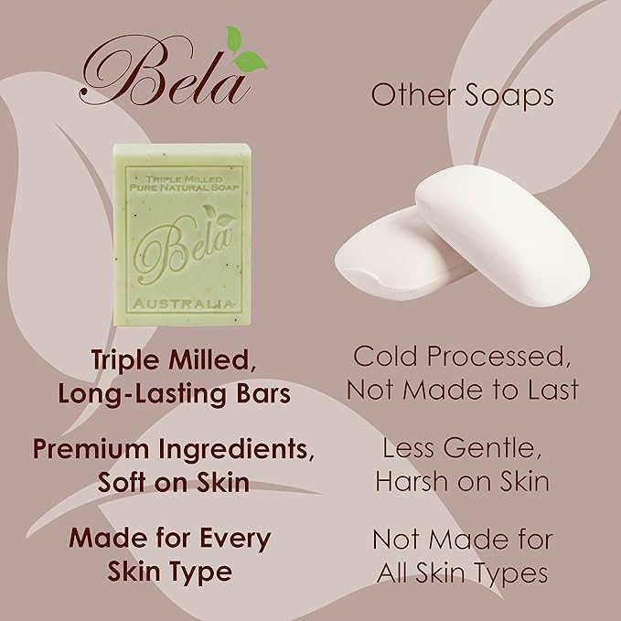 BELA Spearmint and Bran Soap 3.3 OZ (Pack of 6)- French Triple Milled Bar Soap with Organic Shea Butter, Hand, Face and Body Wash Bar, Made in Australia