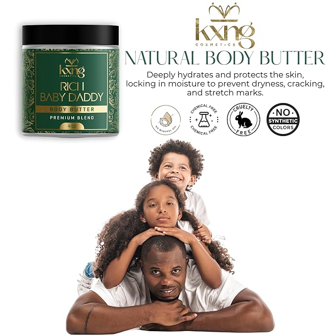 KXNG Cosmetics, Body Butter, Organic Skin Care for Men and Women, Body Moisturizer Lotions and Creams, Raw Shea Butter, Cocoa Butter, Mango, Coconut Oil, Hand, Foot, All Skin Types (Rich Baby Daddy)