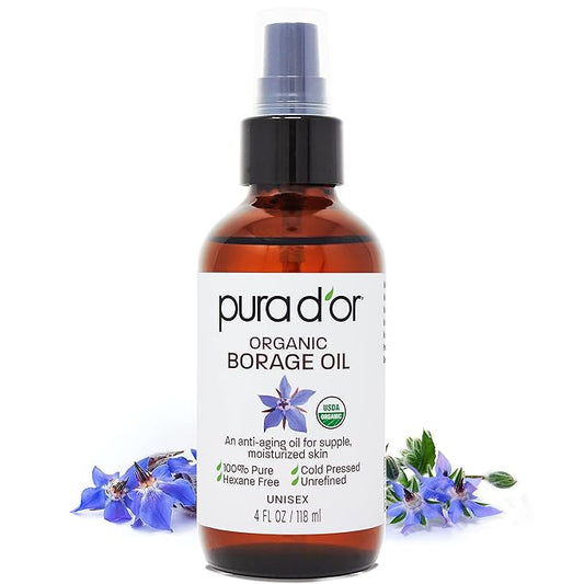 PURA D'OR Organic Borage Seed Oil (4oz / 118mL) 100% Pure USDA Certified Premium Grade Natural Moisturizer, Cold Pressed, Unrefined, Hexane-Free Base Carrier Oil for DIY Skin Care For Men & Women
