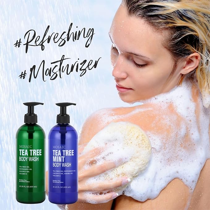 Tea Tree Body Wash with Mint & Shower Gel with Vitamin E for Jock Itch, Eczema, Ringworm, Body Odor, Body Wash Women & Men with Added Body Oils,LARGE 20.2 FL Oz Bottle (Tea Tree Mint, Pack of 2)