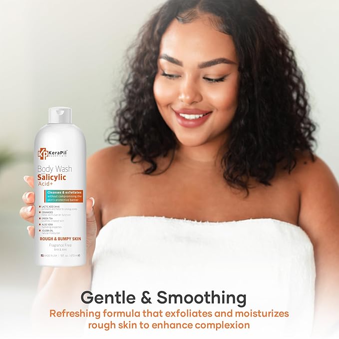 Salicylic Acid Body Wash - Skin Non-drying, Gentle Exfoliates Rough and Bumpy Skin, Body Acne Wash, BHA & AHA - Unscented Exfoliating Body Wash, Made in USA - (16 fl oz x 2)