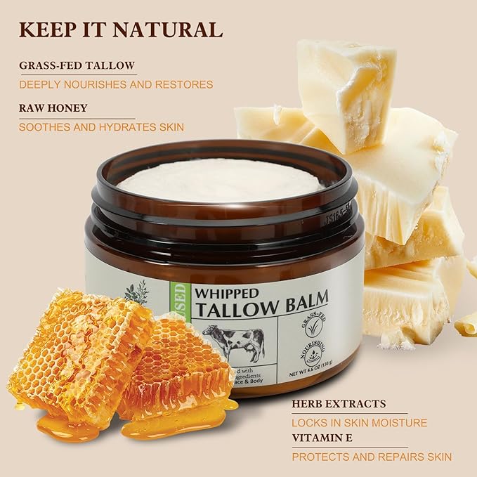 Beef Tallow for Skin, Stocking Stuffers adults, Thsnksgiving Gifts, Natural Face and Body Butter with Raw Honey, Christms Gifts, Herbal Extracts, Grass-Fed Beef Tallow