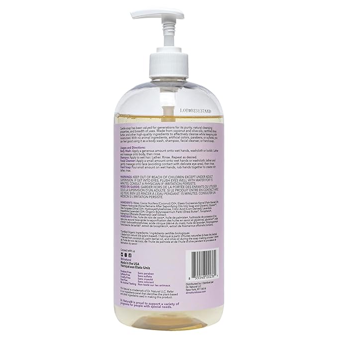 Dr. Natural Castile Liquid Soap, Lavender, 32 oz - Plant-Based - Made with Organic Shea Butter - Rich in Coconut and Olive Oils - Sulfate and Paraben-Free, Cruelty-Free - Multi-Purpose Soap