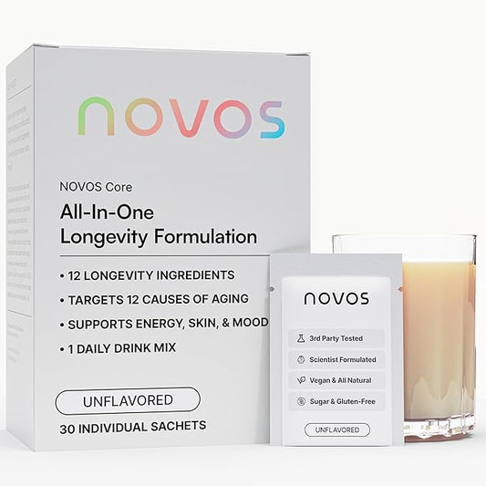 NOVOS Core Longevity Mix, Anti-Aging Supplement, Drink Powder Packet Unflavored - Skin Support, Energy, Mood Support, Sleep and Cognition Support - 30 Servings