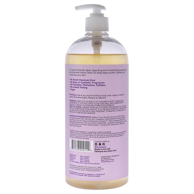 Dr. Natural Calming Lavender Oil Body Wash - Dry Skin Moisturizing Natural Body Wash with Shea Butter and Coconut Oil - For Family and Pets - 32 oz