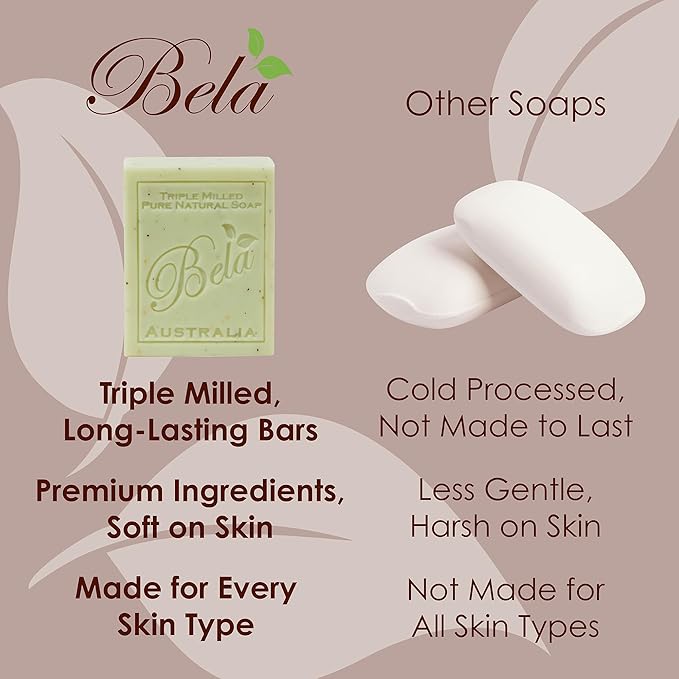 BELA French Pear Soap 3.3 OZ Pack of 6, Long Lasting French Triple Milled Bar Soap with Organic Shea Butter, Hand, Face and Body Wash Bar, Made in Australia