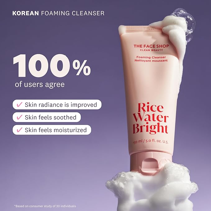 The Face Shop Rice Water Bright Foaming Facial Cleanser with Ceramide, Gentle Face Wash for Hydrating & Moisturizing, Vegan Face Cleanser, Makeup Remover, Korean Skin Care for All Skin Types, 300ml