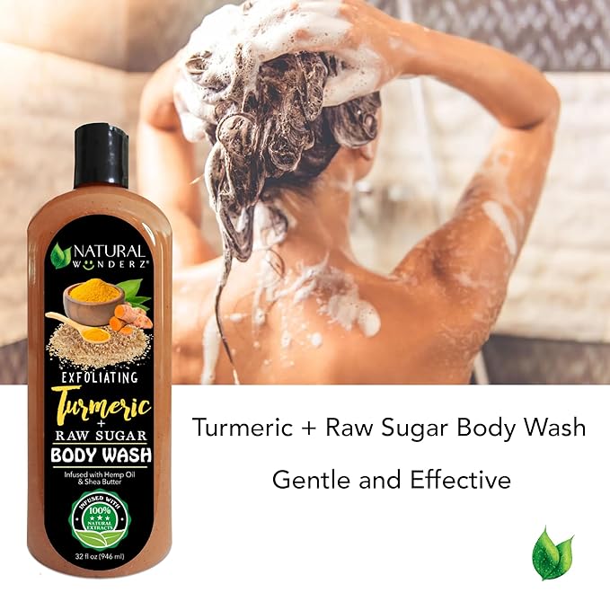 Natural Wunderz Body Wash with Turmeric and Raw Sugar, 32 Fl Oz, Exfoliating Gentle Cleanser and Shower Gel for all skin types, Vegan, Sulfate Free, and Cruelty Free Body Scrub