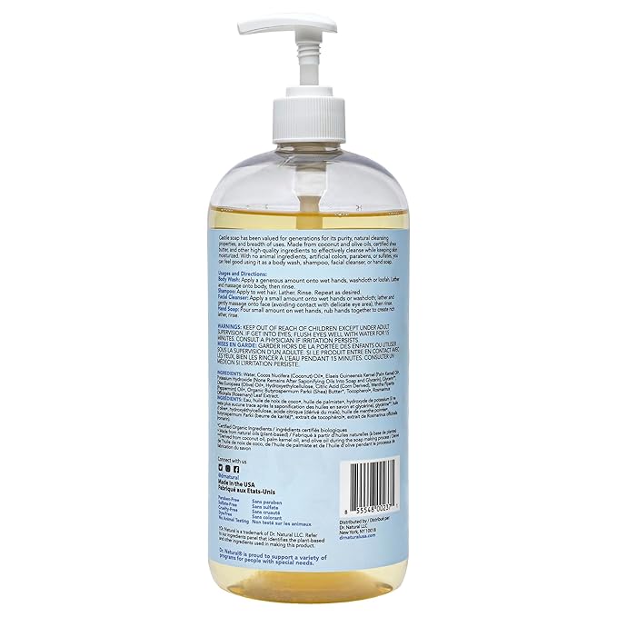 Dr. Natural Castile Liquid Soap, Peppermint, 32 oz - Plant-Based - Made with Organic Shea Butter - Rich in Coconut and Olive Oils - Sulfate and Paraben-Free, Cruelty-Free - Multi-Purpose Soap