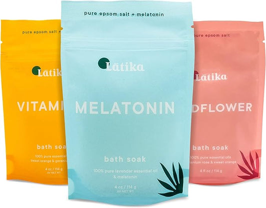 Soaks Set of 3 - Wildflower, Melatonin, Vitamin C - Moisturizing Bath Soak with Epsom Salt & Essential Oils for Stress Relief, Muscle Recovery, & Relaxation - at-Home Spa