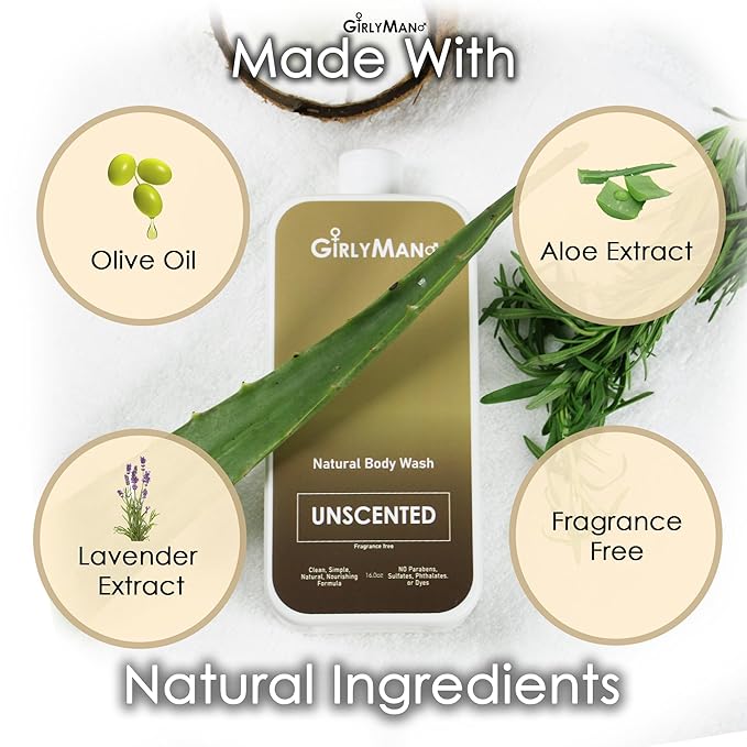 GirlyMan Natural Body Wash - Made with Olive Oil & Aloe Extract, No Artificial Fragrance, PH Balanced, Gentle Formula, Nourishing Ingredients, Family Owned (Unscented)