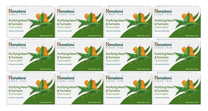 Himalaya Purifying Neem & Turmeric Cleansing Bar, Face and Body Soap for Soft and Clear Skin, 4.41 oz, 12 Pack