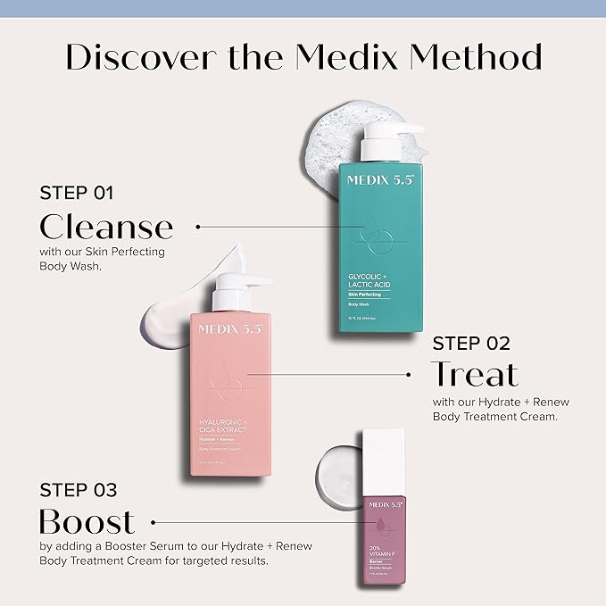 Medix 5.5 Exfoliating AHA Glycolic Acid Face & Body Wash Cleanser + Hyaluronic Acid Moisturizing Body Cream Lotion Skin Care 2PC Set | Alpha Hydroxy Acid & Lactic Acid Foaming Face Wash