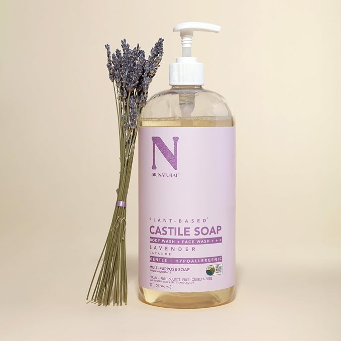 Dr. Natural Castile Liquid Soap, Lavender, 32 oz - Plant-Based - Made with Organic Shea Butter - Rich in Coconut and Olive Oils - Sulfate and Paraben-Free, Cruelty-Free - Multi-Purpose Soap