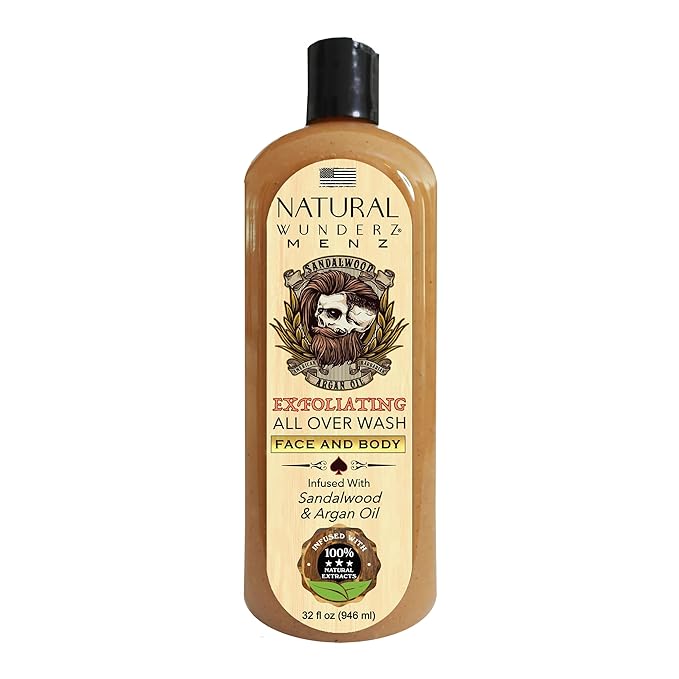 Mens Face and Body Wash with Sandalwood & Argan Oil, 32 Fl Oz Exfoliating Liquid Soap with All Natural Ingredients, Vegan, Sulfate Free, and Cruelty Free Body Scrub