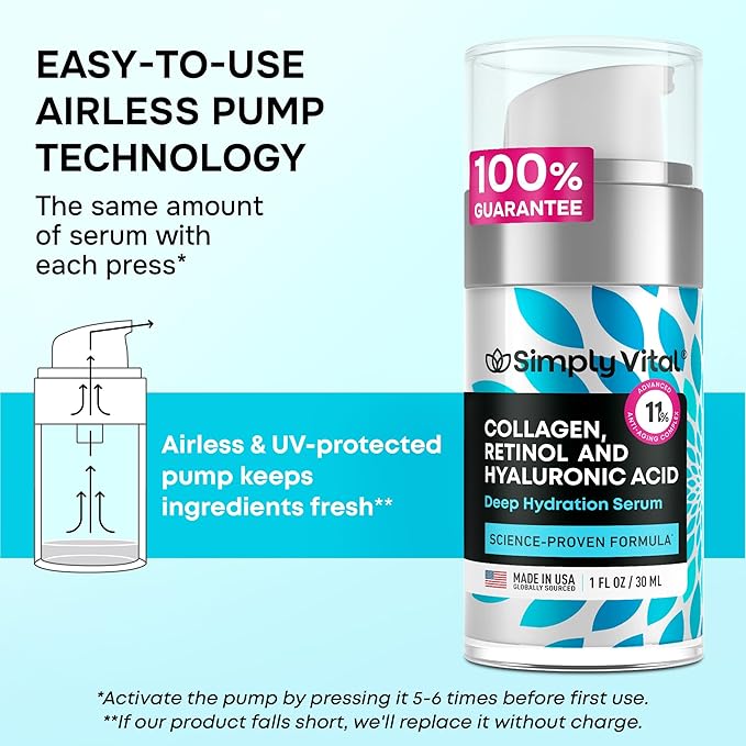 SimplyVital Collagen, Peptide & Retinol Moisturizer for Face, Neck & Décolleté – Lightweight Hydration for Daily Care – Made in USA – Hyaluronic Acid Cream – 1 fl.oz