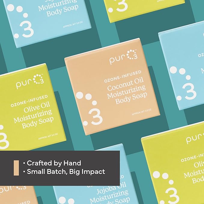PurO3 Ozonated Coconut Oil Soap 3-Pack – Handcrafted Organic Body Wash – Natural Vegan Bars for Women & Men – Gentle, Biodegradable, Non Toxic Cleanser for Shower & Bath, 3.5 oz Bar Set